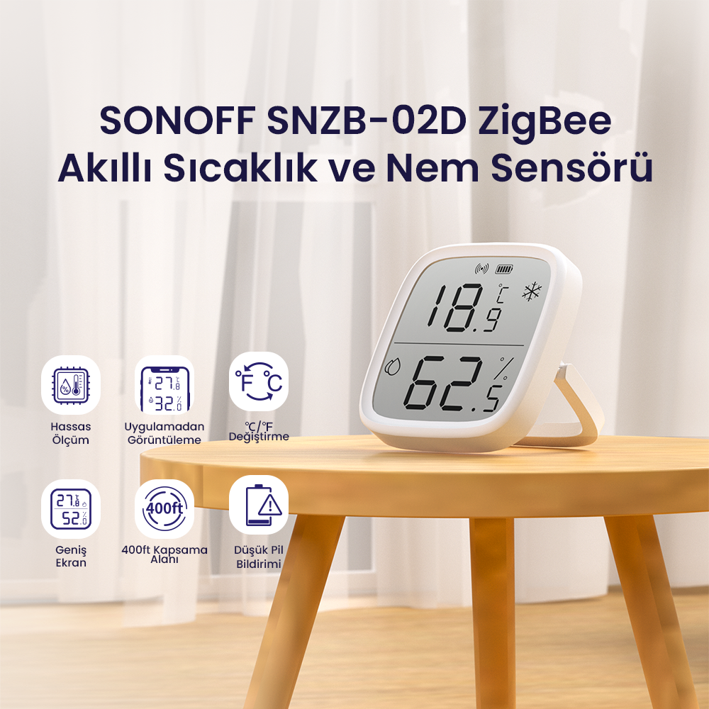 SONOFF SNZB-02D ZigBee LCD Ekranlı Akıllı Sıcaklık ve Nem Sensörü